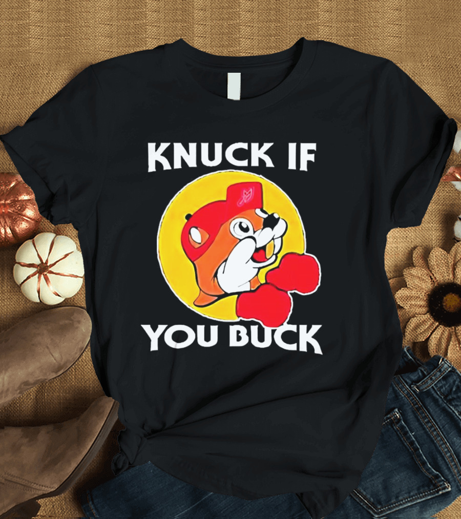 Knuck If You Buck Buc Ees Logo Red Cap Yellow Circle Boxing Gloves T-Shirt