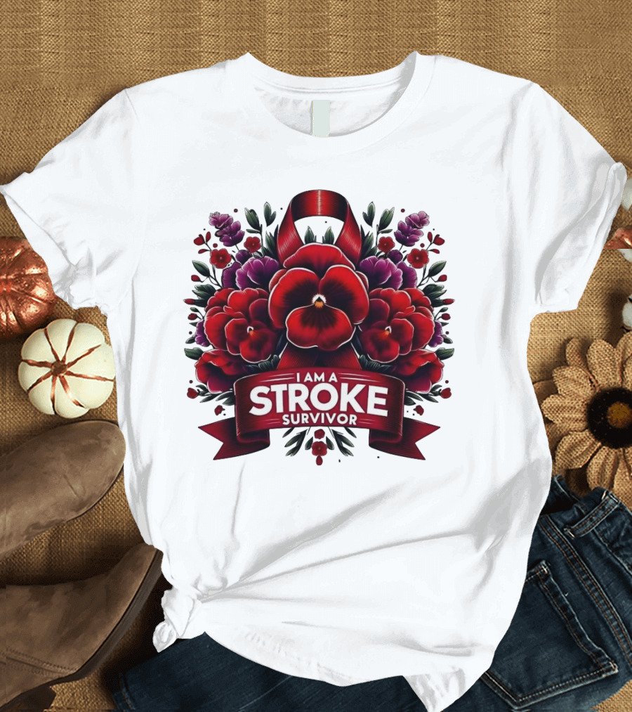 I Am a Stroke Survivor Red Ribbon and Floral Bouquet T-Shirt