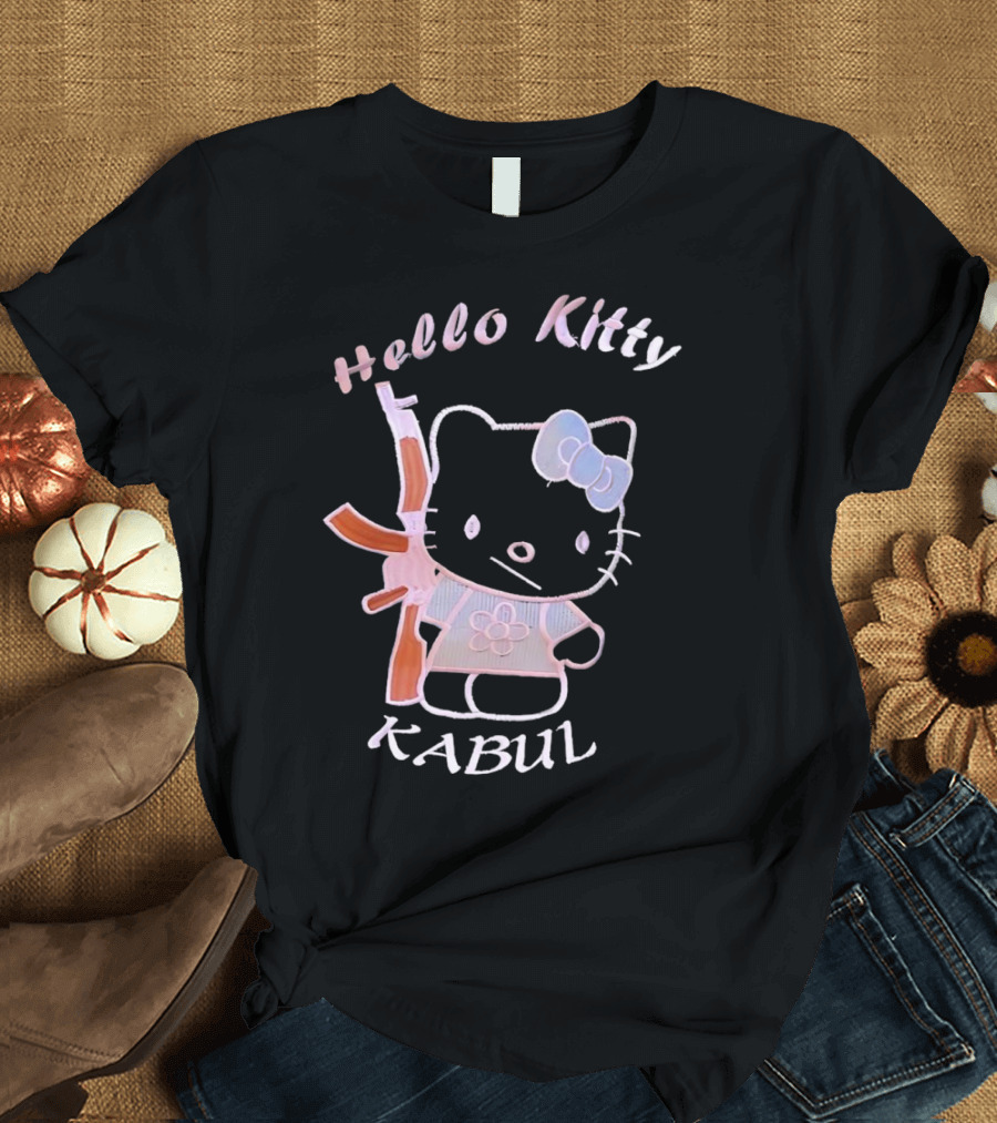Hello Kitty Kabul Playful Twist on Iconic Character with Rifle T-Shirt