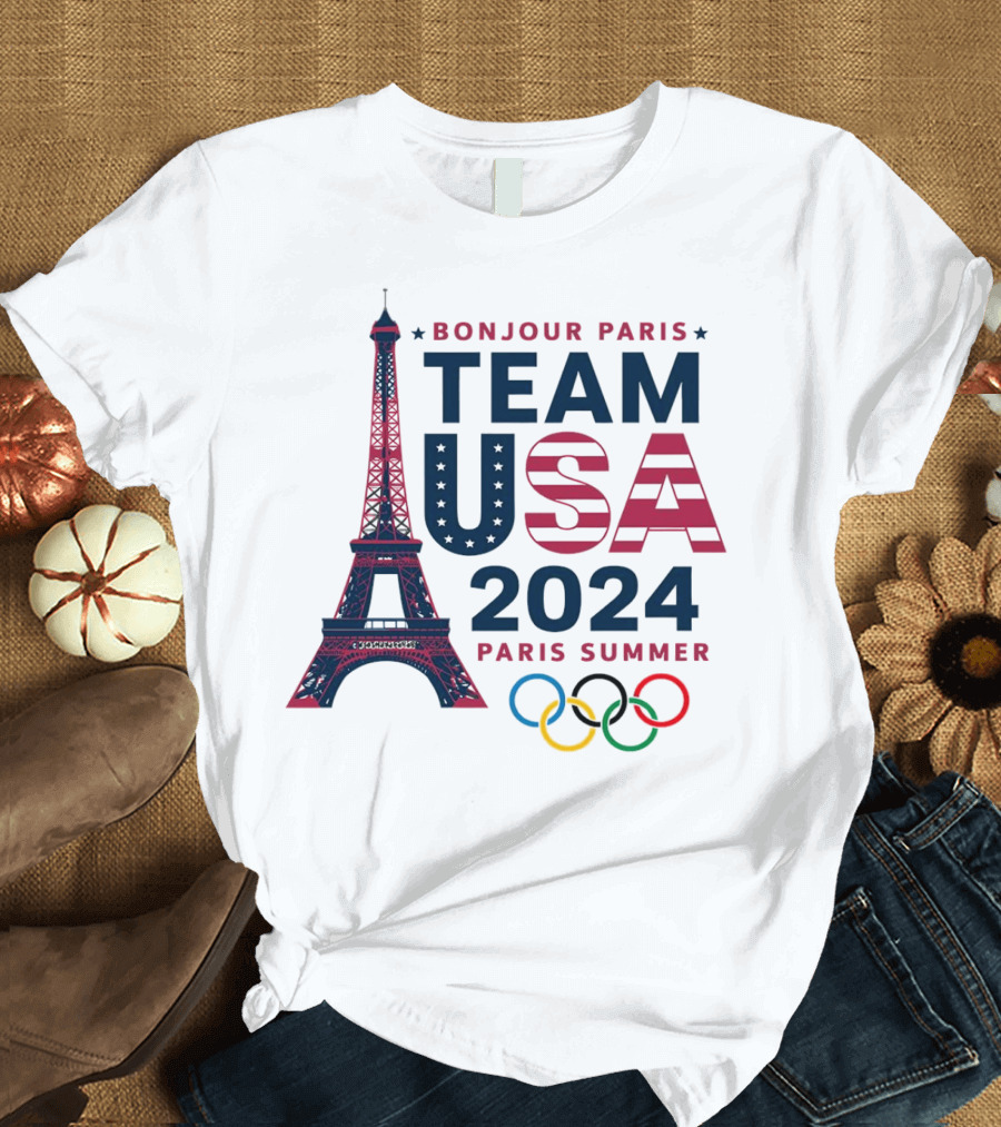 Bonjour Paris Team USA 2024 Paris Summer Olympics Eiffel Tower Rings T-Shirt