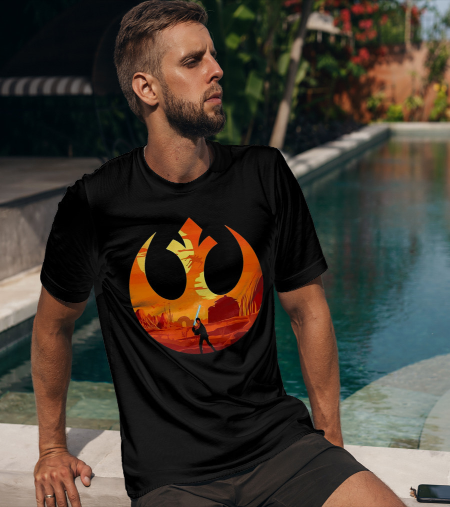 Luke Skywalker The Knight Farmer Tatooine Rebel Symbol Sunset Scene T-Shirt
