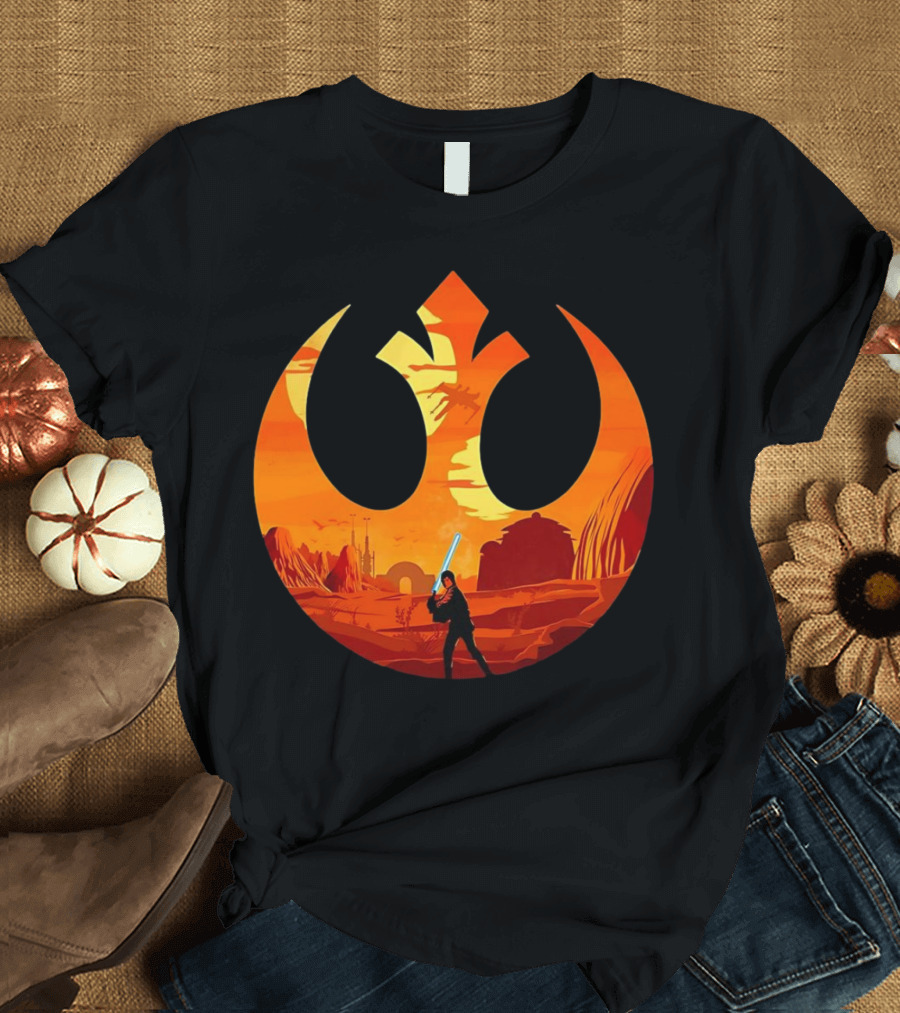 Luke Skywalker The Knight Farmer Tatooine Rebel Symbol Sunset Scene T-Shirt