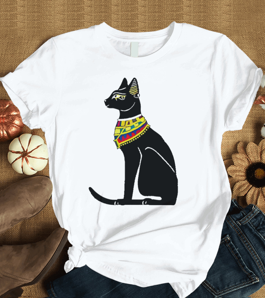 Egyptian Cat Black with Colorful Scarf T-Shirt