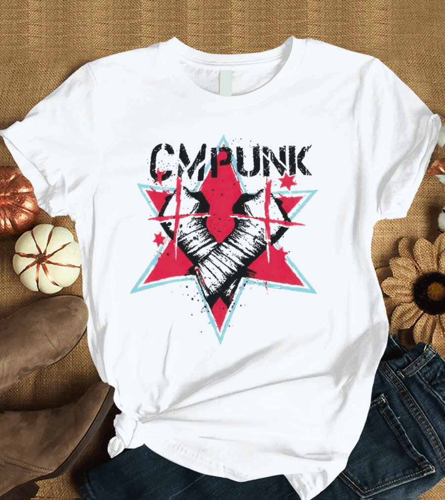 CM Punk Clobber McIntyre Logo Stars Fist Red Blue T-Shirt