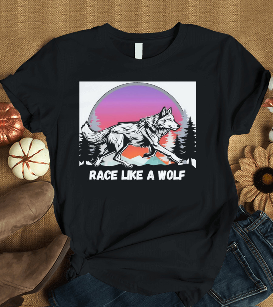 Race Like a Wolf Running Through Forest Silhouette at Sunset T-Shirt
