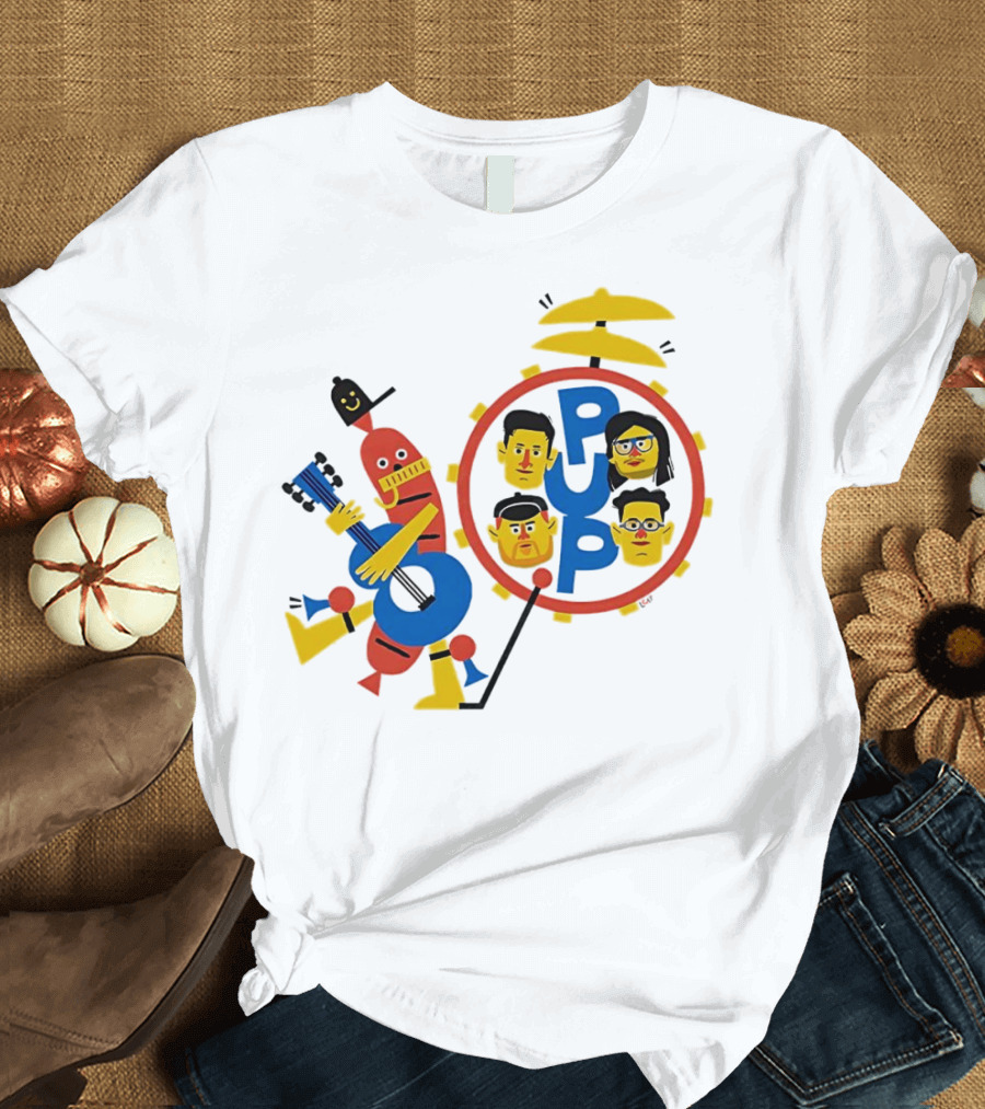 Band of Wiener Pup Drum Faces and Guitar Character T-Shirt