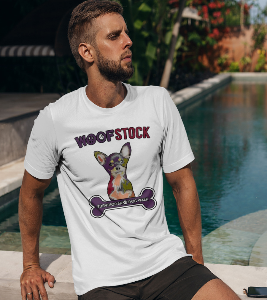 Woof Stock Peace Sign Survivor 5K Dog Walk Colorful Chihuahua Bone T-Shirt