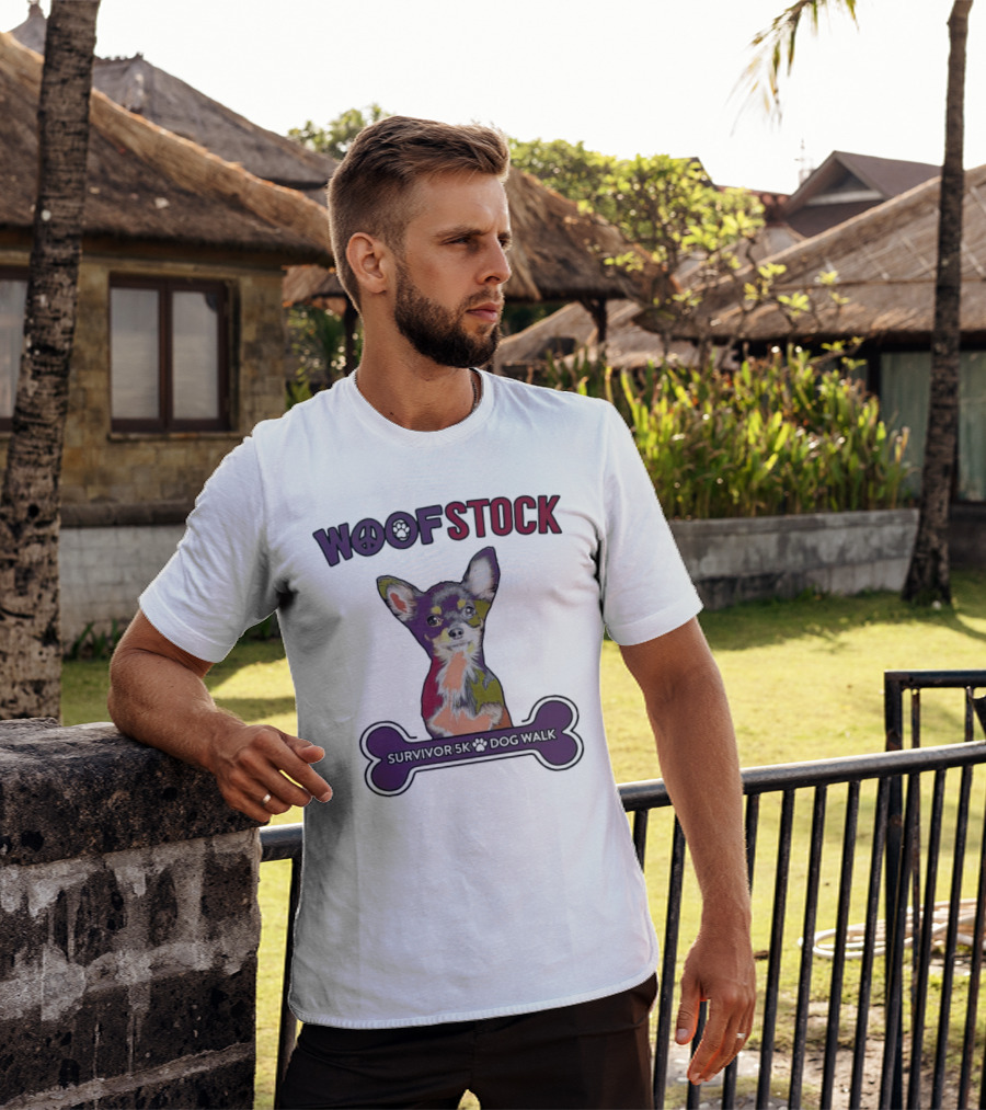 Woof Stock Peace Sign Survivor 5K Dog Walk Colorful Chihuahua Bone T-Shirt
