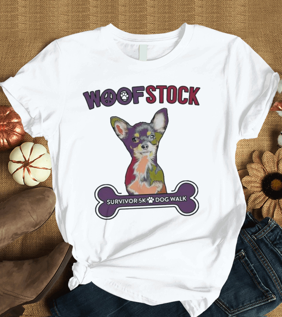 Woof Stock Peace Sign Survivor 5K Dog Walk Colorful Chihuahua Bone T-Shirt