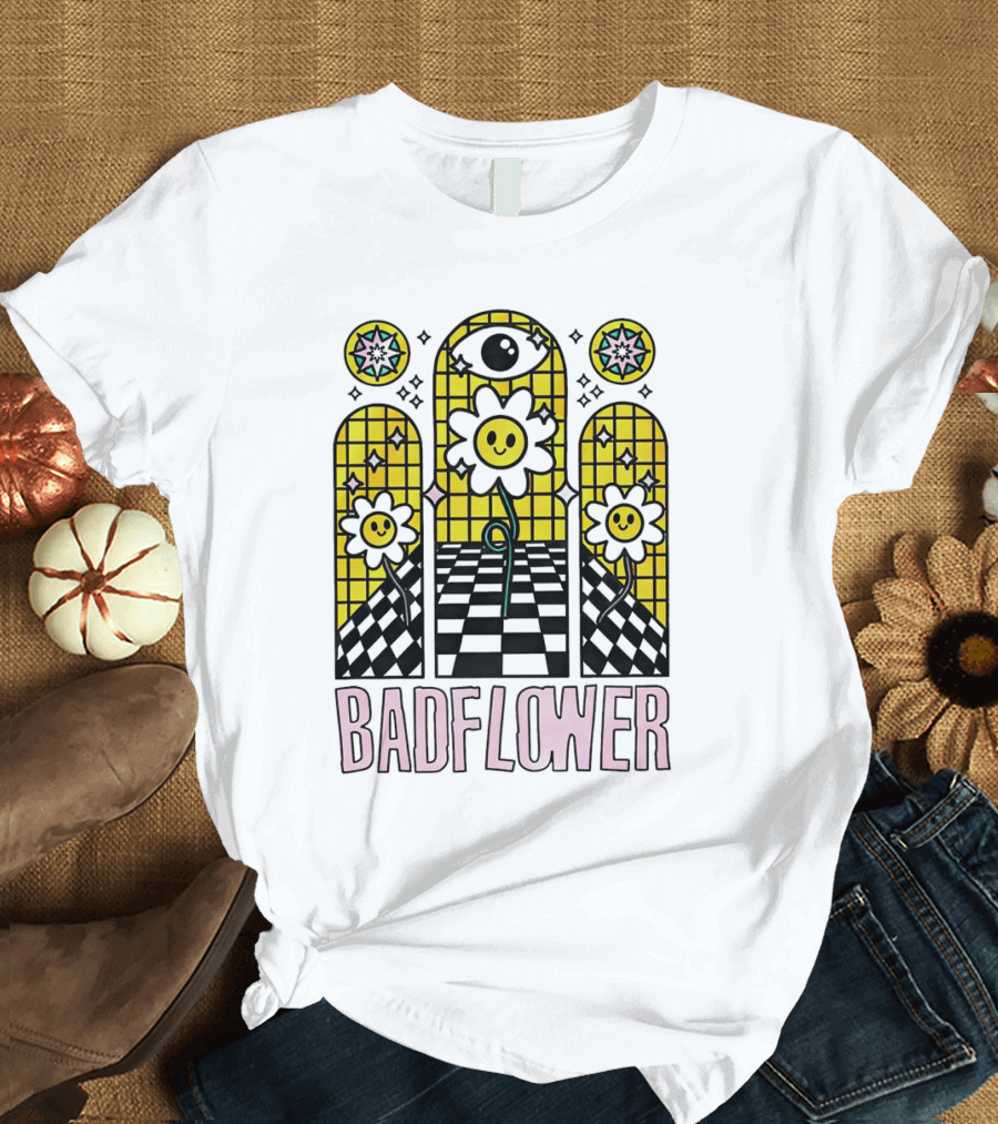Badflower Eyeball Wall Happy Flowers Stained Glass T-Shirt
