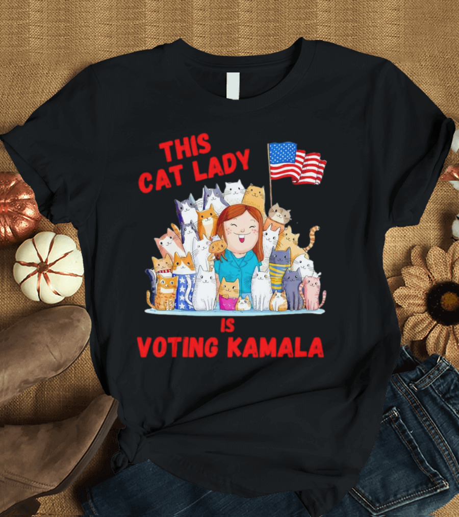 This Cat Lady Is Voting Kamala Harris With Cats and American Flag T-Shirt