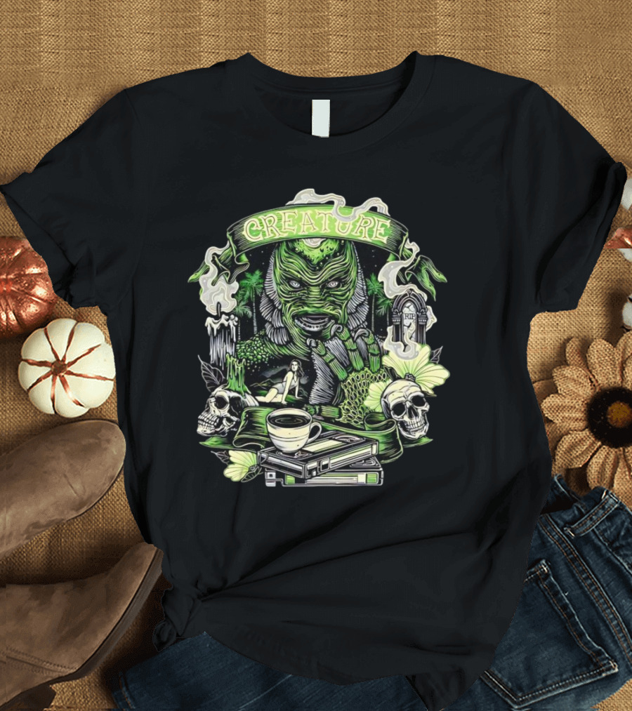 Creature from the Black Lagoon Gill-man Illustrated with Skulls, Books, and Coffee Cup T-Shirt