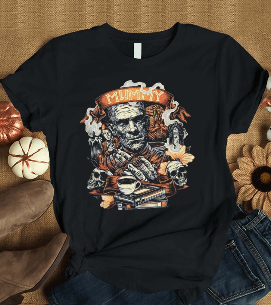 Mummy Vintage Horror Scene with Skulls and Coffee T-Shirt