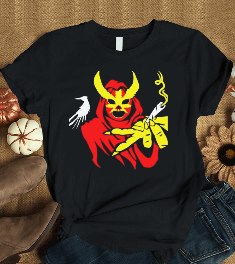 High Side of the Ropes Wraithador Masked Figure Smoking with Raven T-Shirt