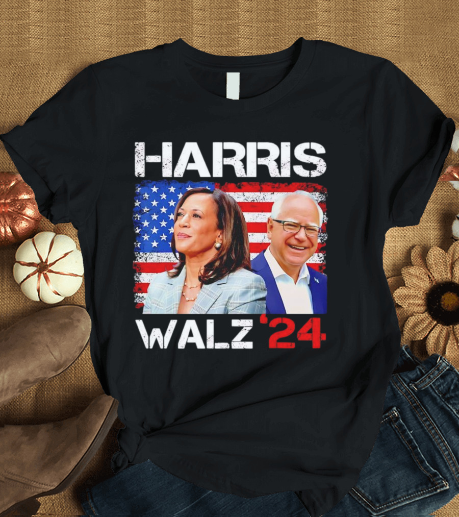 Harris Walz 2024 President Election Kamala Harris Tim Walz American Flag T-Shirt