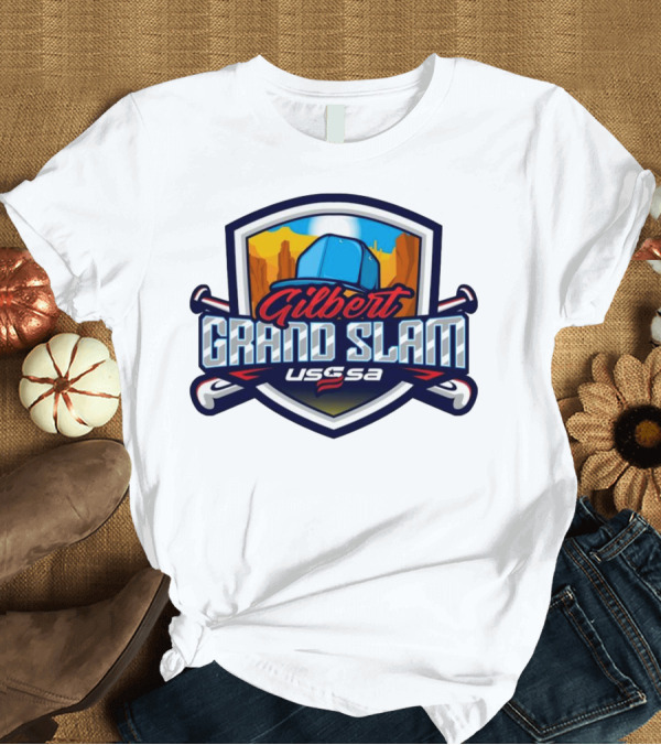 T-Shirt: Gilbert Grand Slam USSSA Arizona Baseball 2024 Shield Logo With Baseball Bats and Desert Cactus Background T-Shirt Gilbert Grand Slam USSSA Arizona Baseball 2024 Shield Logo With Baseball Bats and Desert Cactus Background T-Shirt