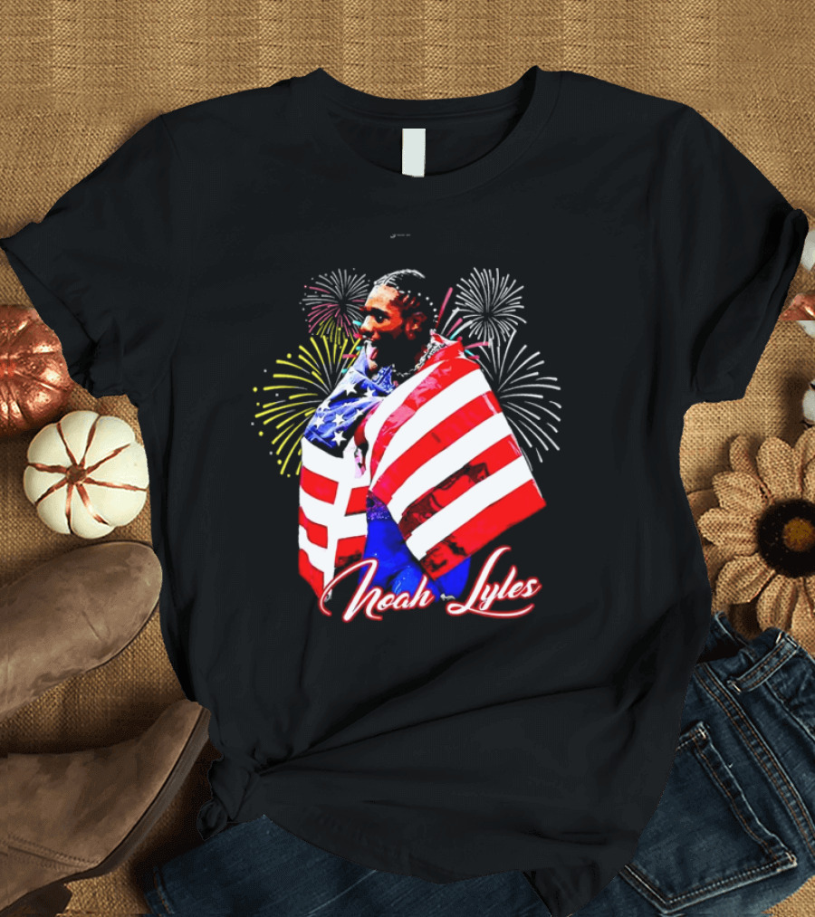 Noah Lyles with American Flag Fireworks T-Shirt