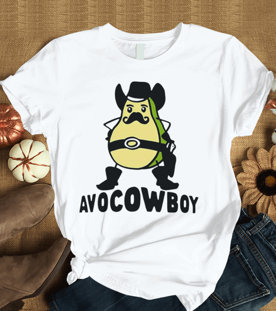 Avocowboy Avocado X Cowboy Character with Hat and Mustache T-Shirt