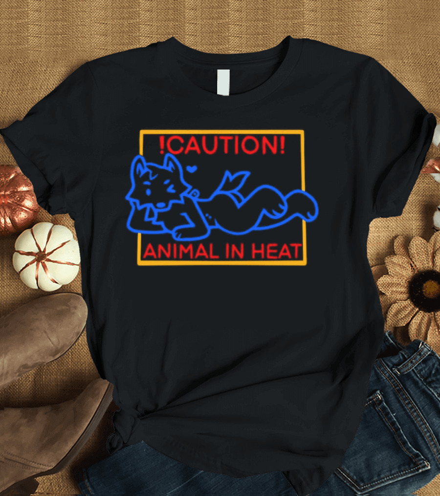 Caution Animal in Heat Neon Sign Playful Fox Character T-Shirt