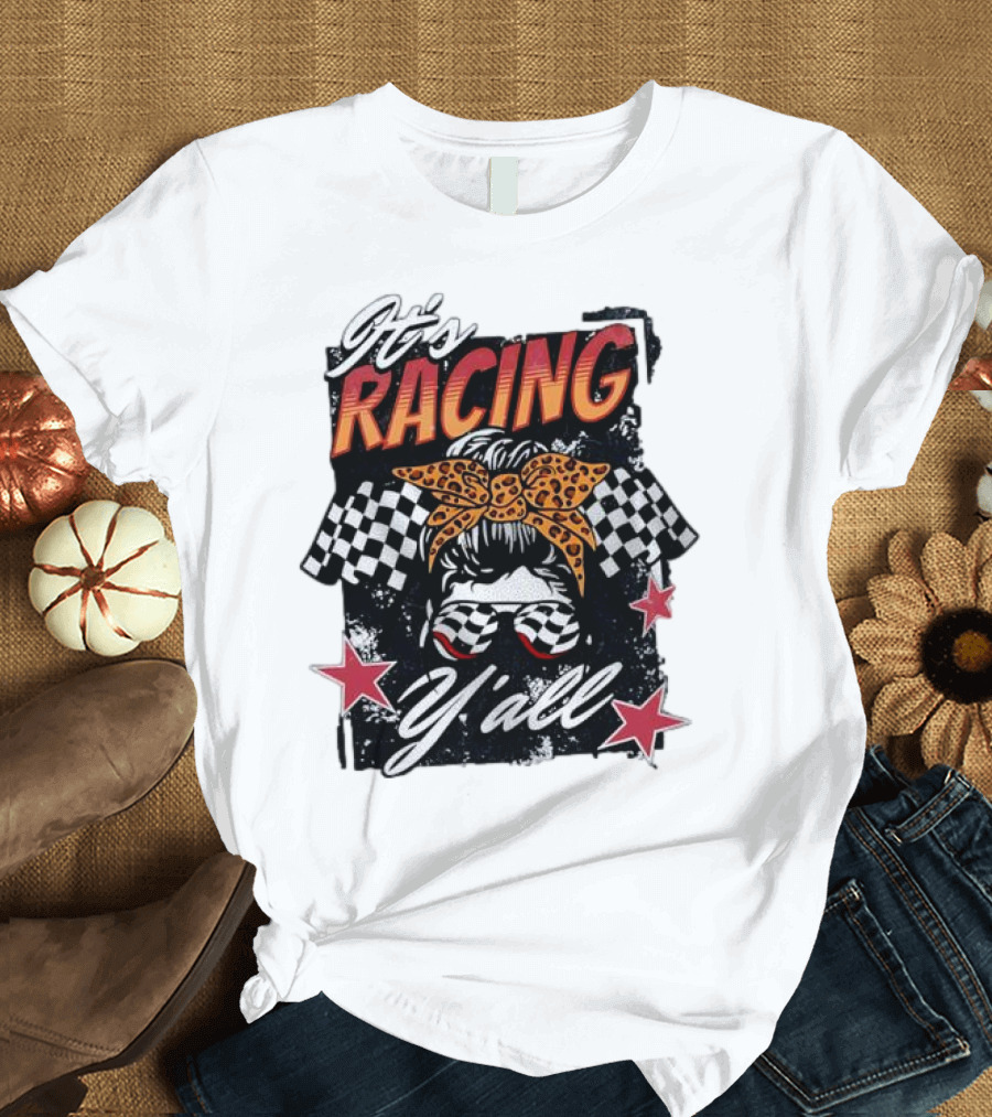 It's Racing Y'all Racing Girl Checkered Flag Leopard Print Bow T-Shirt