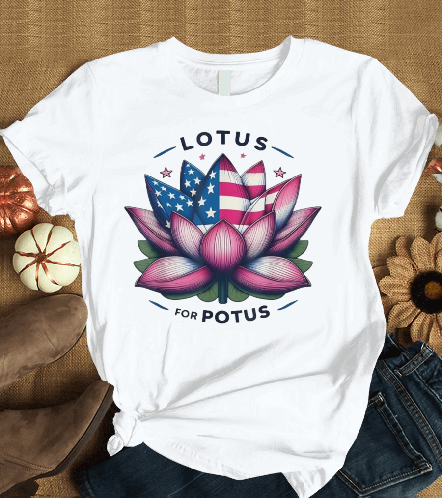 Kamala Harris 2024 Lotus for POTUS American Flag Blossom T-Shirt