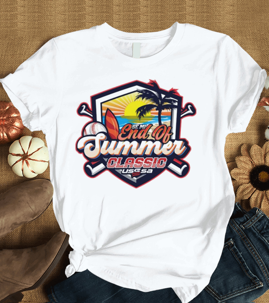 USSSA Michigan Baseball SE MI End Of Summer Classic 2024 Sunset Palm Trees Surfboard Baseball T-Shirt