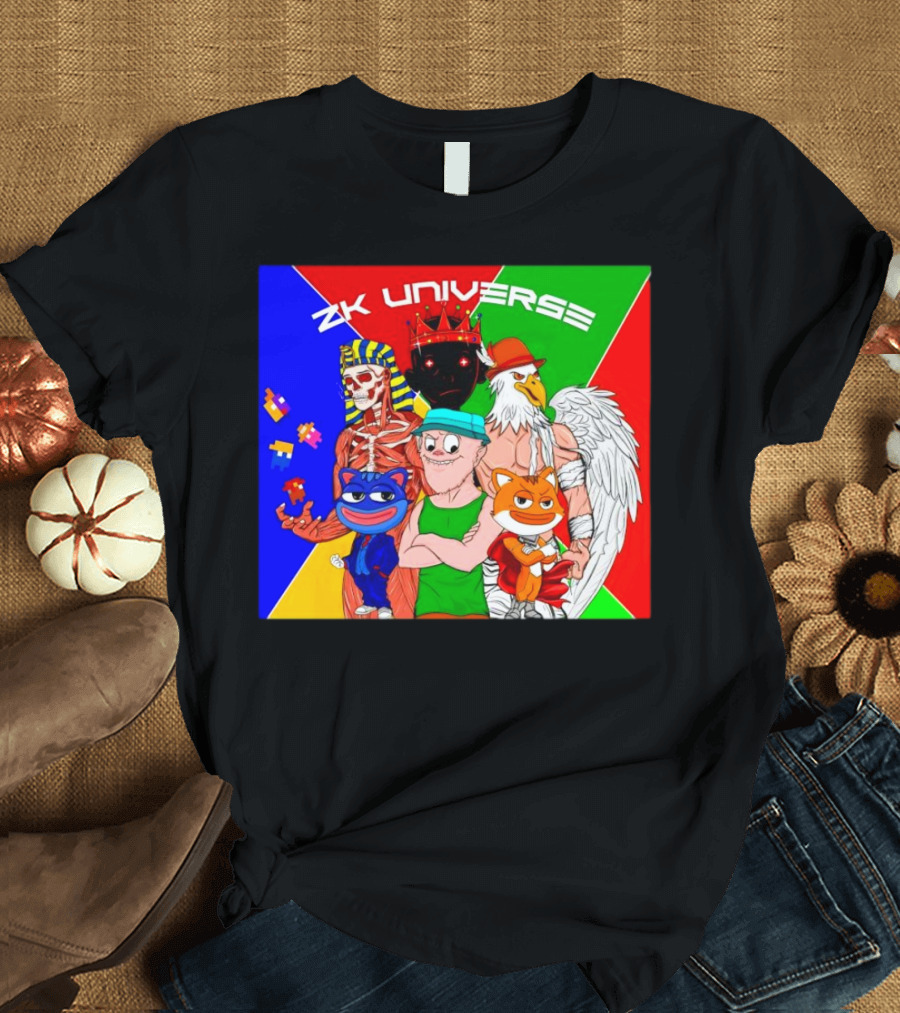 ZK Universe Colorful Characters with Pharaoh Skeleton, Crowned Figure, and Winged Eagle T-Shirt