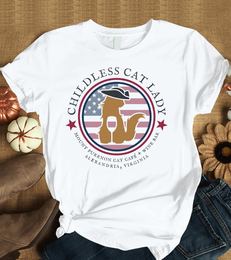 Childless Cat Lady Mount Purrnon Cat Café Wine Bar Alexandria Virginia American Flag Hat and Wine Glass Cat T-Shirt
