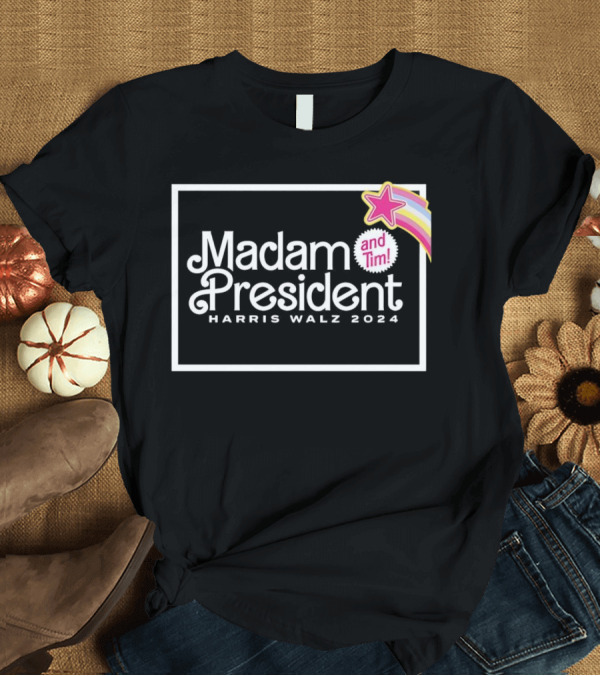 T-Shirt: Madam President and Tim Harris Walz 2024 Star and Rainbow T-Shirt Madam President and Tim Harris Walz 2024 Star and Rainbow T-Shirt