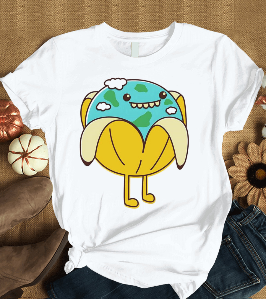 The World Has Gone Bananas Earth in a Peel with Clouds and Smiley Face T-Shirt