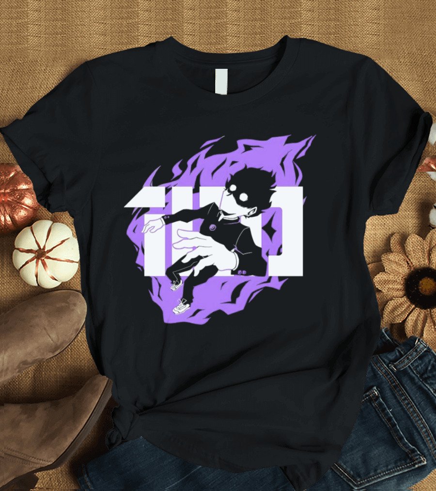 Mob Psycho 100 Psyched Out Character with Purple Aura and Bold Typography T-Shirt