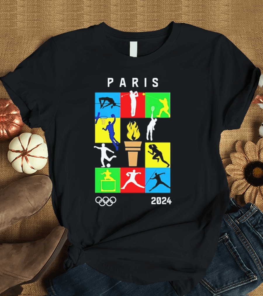 Paris 2024 Olympics Diverse Sports Silhouettes and Torch T-Shirt