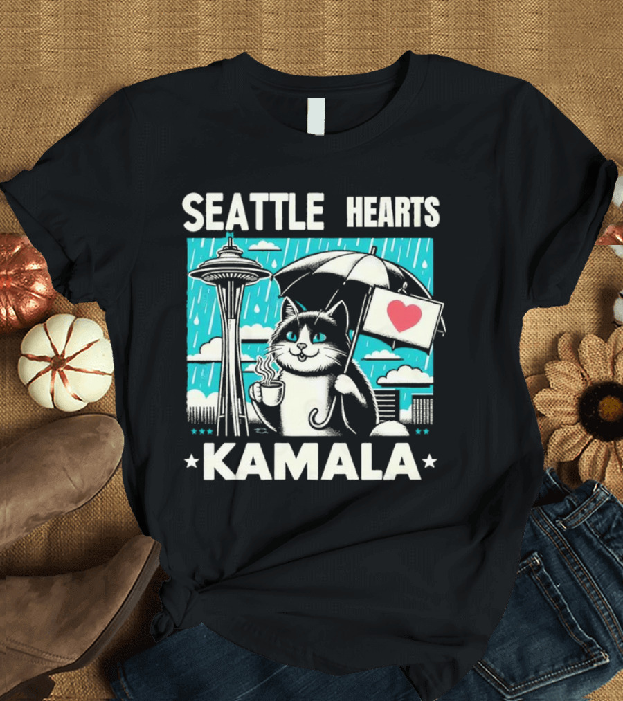 SEATTLE HEARTS KAMALA CAT WITH COFFEE AND UMBRELLA IN RAIN T-Shirt