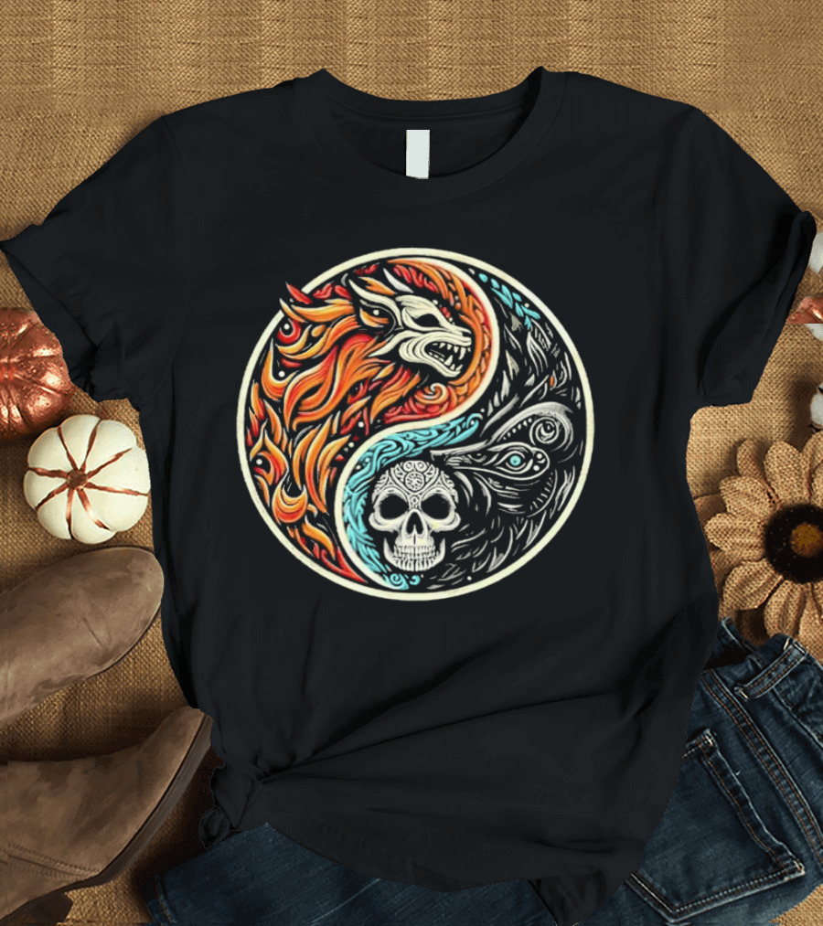 Wolf Warrior Yin Yang Skull Flame Elements T-Shirt