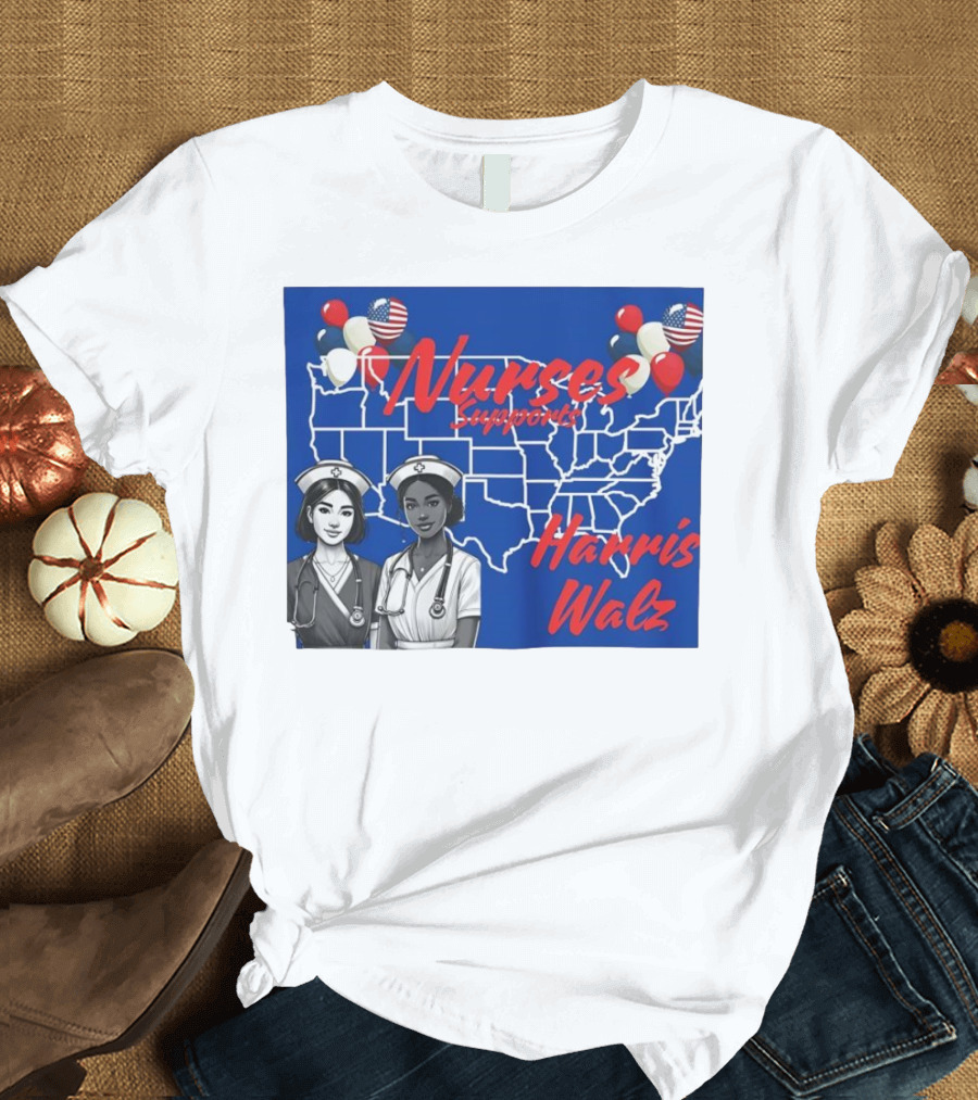 Nurses Supports Harris Walz 2024 United States Map Balloons T-Shirt