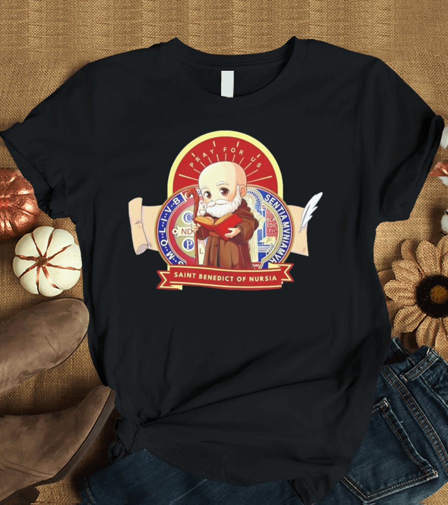 Saint Benedict of Nursia Pray for Us Cartoon M O L I V B Senitas Munian E I V B Benedict II O S Smqlv X O P S V R S M Q L I V B P A X C S P B T-Shirt