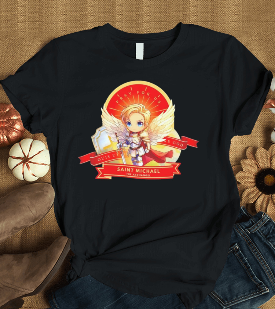 Saint Michael the Archangel Pray for Us Quis Ut Deus Cartoon T-Shirt