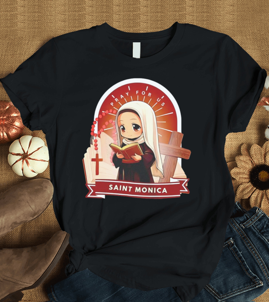 Saint Monica Pray for Us Cartoon Hippo Theme with Book and Cross T-Shirt