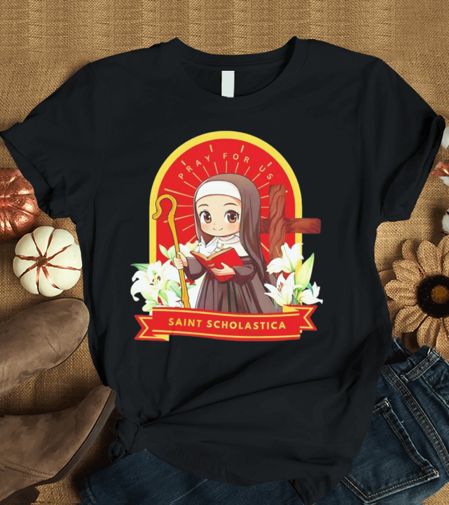 Saint Scholastica Pray for Us Cartoon Cute Nun Illustration with Cross and Flowers T-Shirt