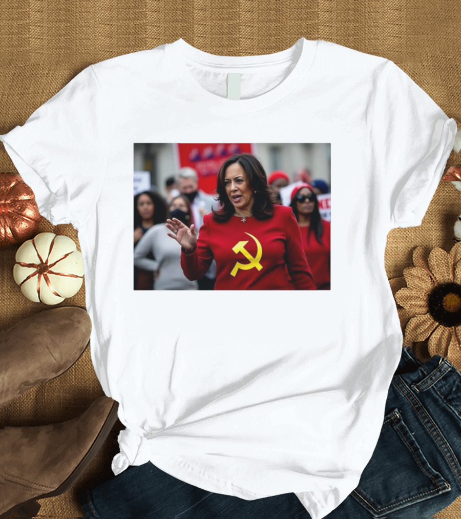 Kamala Harris Wearing Red Outfit with Yellow Hammer and Sickle T-Shirt