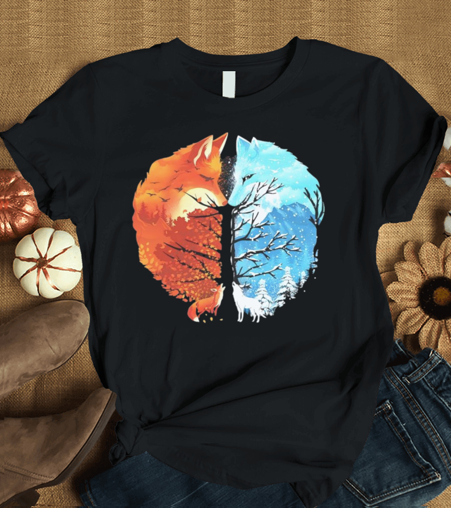 Fire and Ice Fox Dual Seasons Tree T-Shirt
