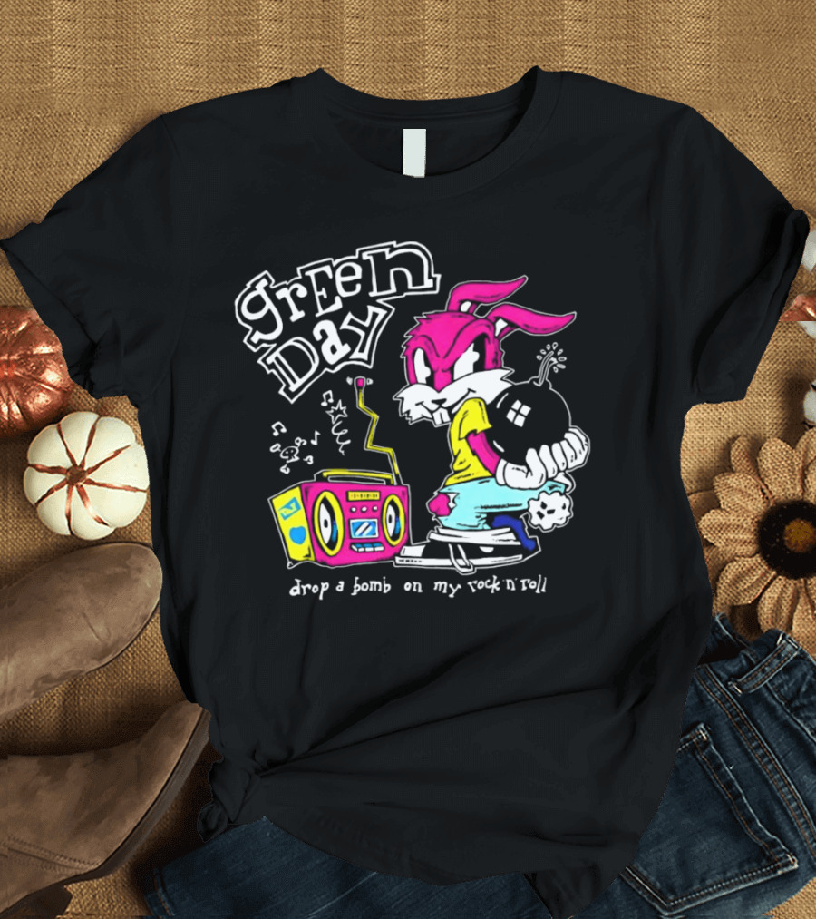 Green Day Drop a Bomb on My Rock ‘N’ Roll Pink Rabbit and Boombox T-Shirt