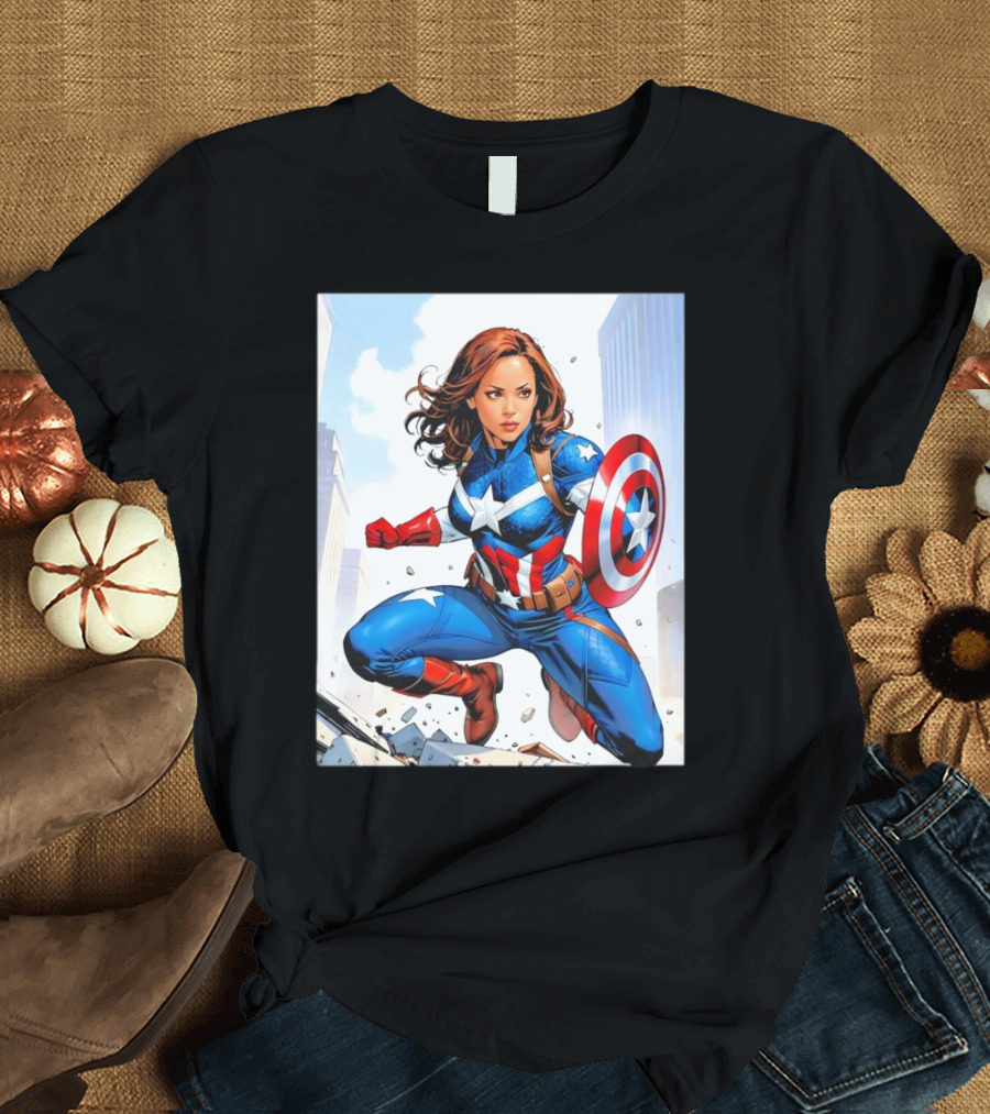 Kamala Harris Captain America Suit Action Pose Superhero Comic T-Shirt