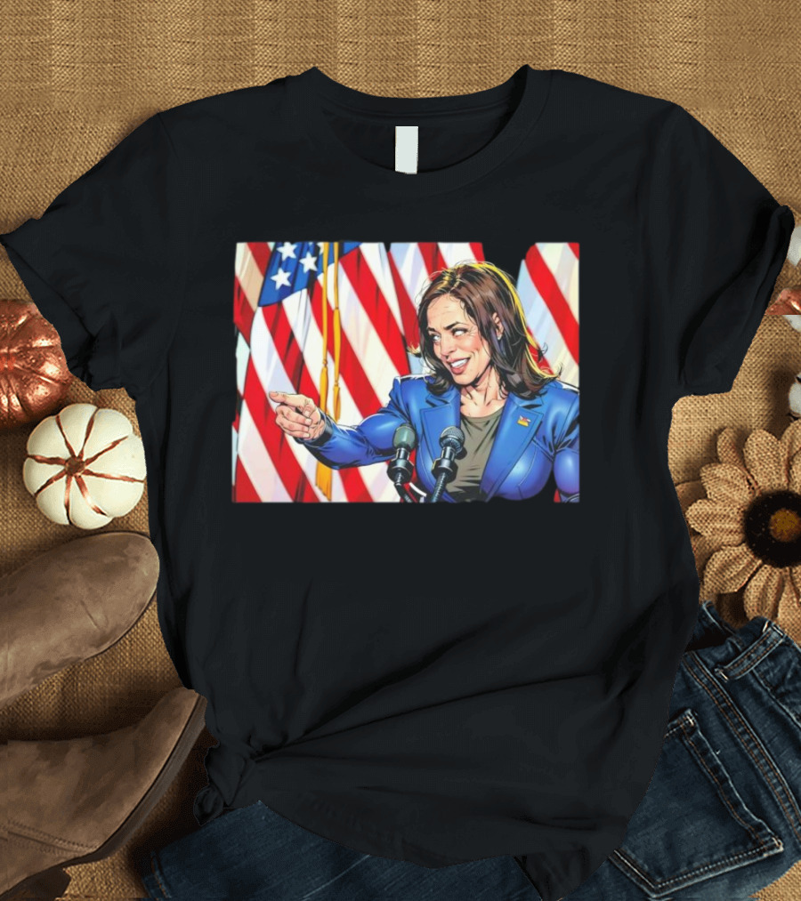 Kamala Harris Cartoon Illustration with Muscles and American Flags T-Shirt