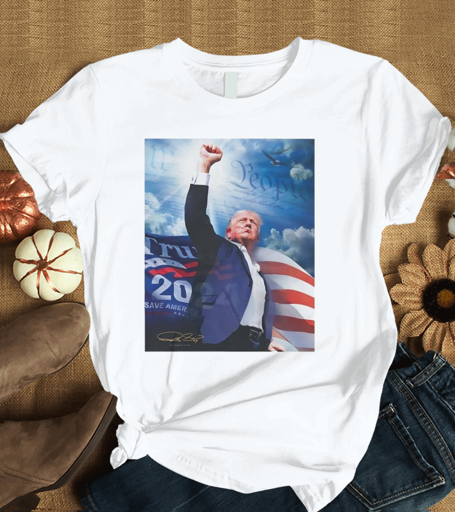 Trump 2024 Save America Signature With We the People Imagery and American Flag T-Shirt