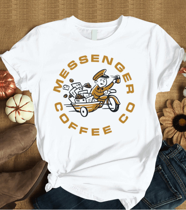 T-Shirt: Messenger Coffee Co Joe Gatto Mailman with Coffee Cup T-Shirt Messenger Coffee Co Joe Gatto Mailman with Coffee Cup T-Shirt