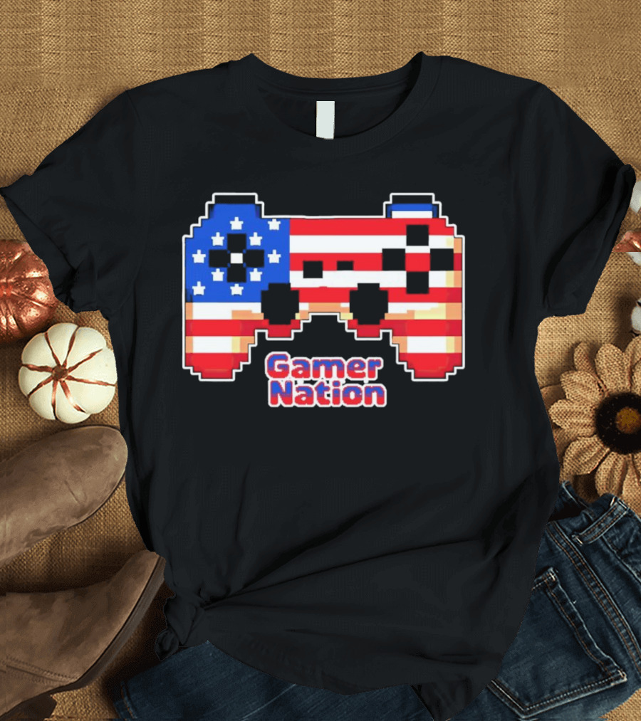 American Flag Pixel Art Gamer Nation Controller T-Shirt