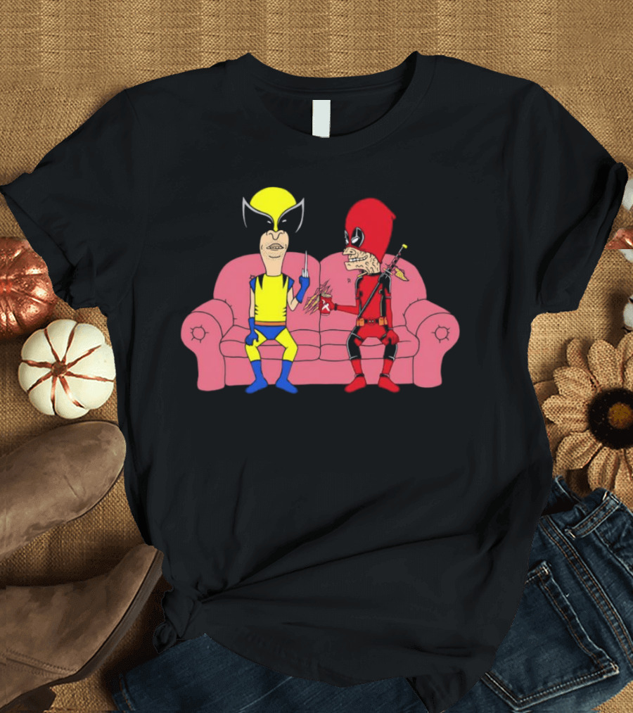 Beavis and Butt-Head X Deadpool and Wolverine Characters Crossover Cartoon Sitting on Couch T-Shirt