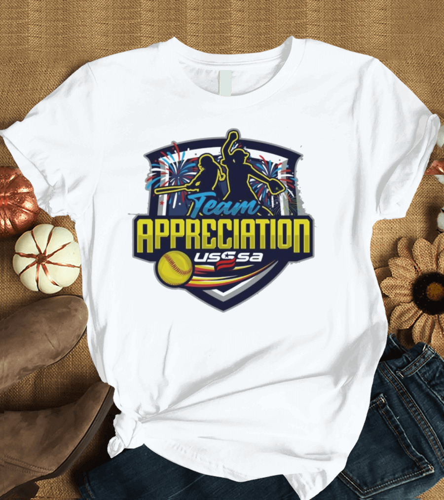 USSSA Indiana Fast Pitch Team Appreciation 2024 Celebration Logo with Fireworks and Softball T-Shirt