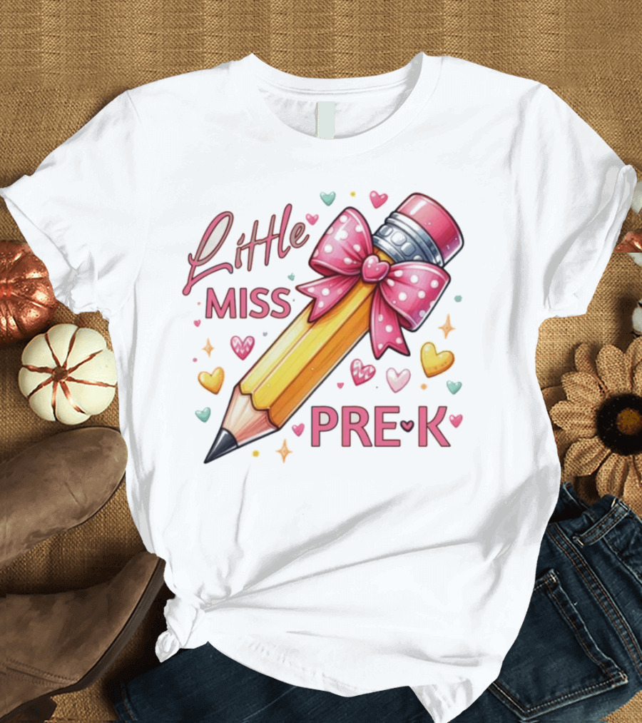 Little Miss Pre-K Pencil with Pink Bow and Hearts T-Shirt